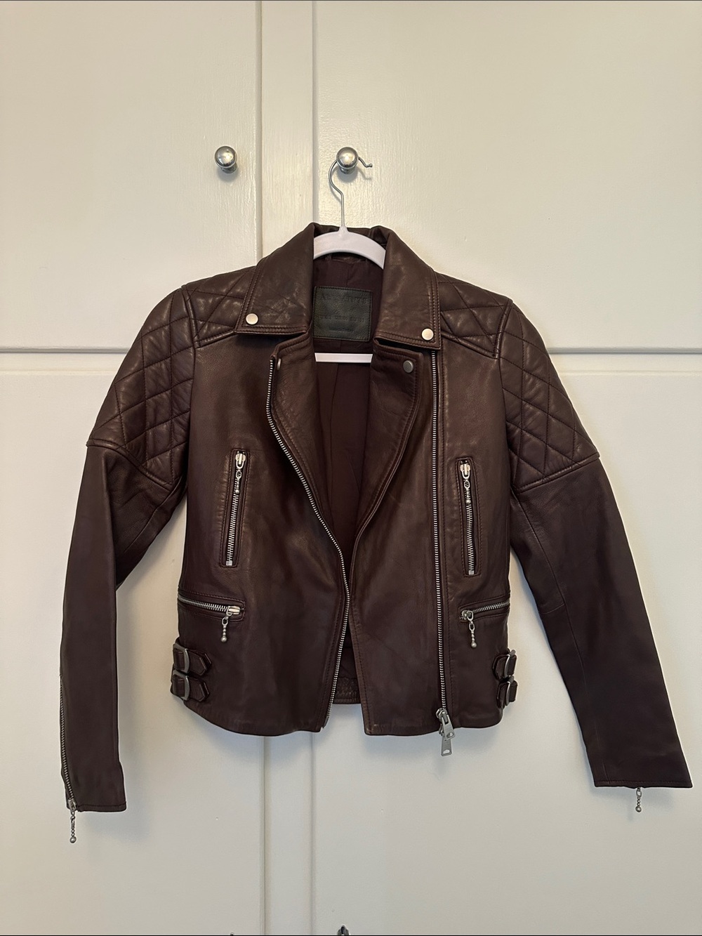 LIKE NEW All Saints 100% Leather Dark Brown Motorcycle Quilted Jacket